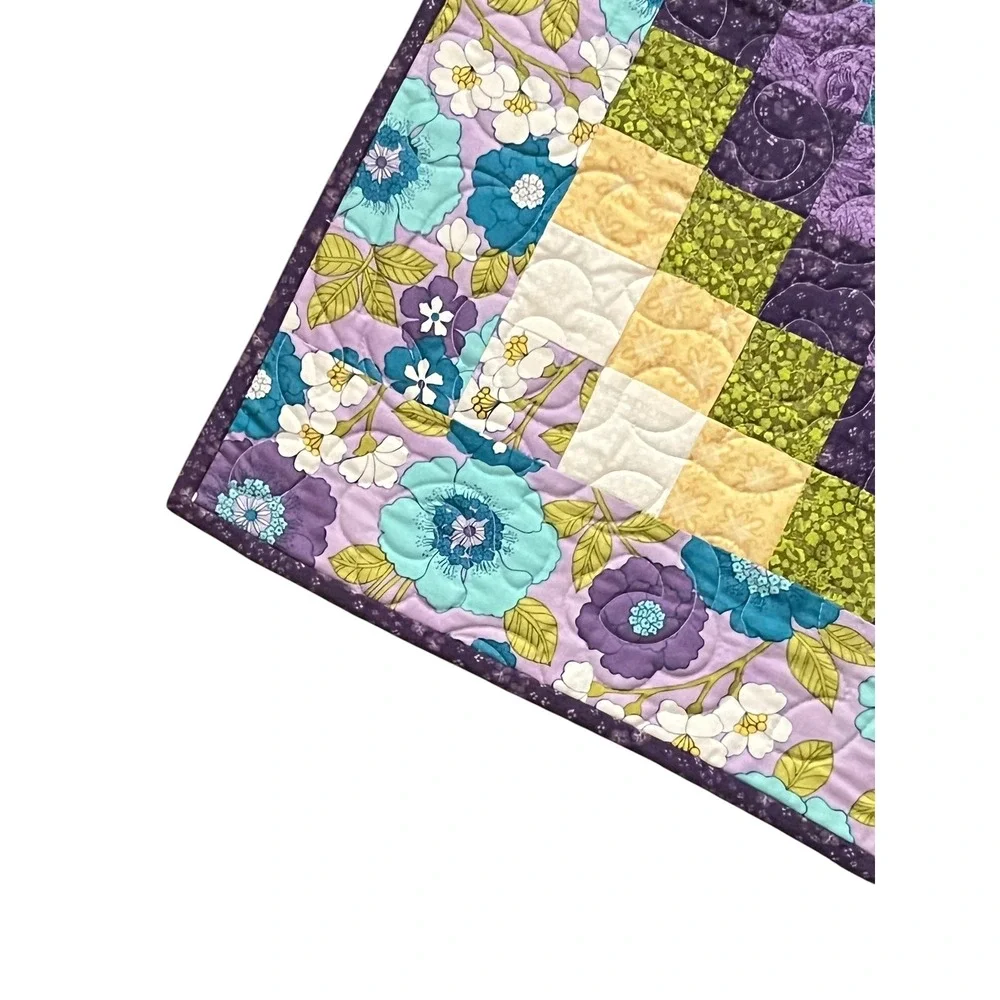 Vintage Handmade Patchwork Quilt Throw Lavender Teal Floral 40x40